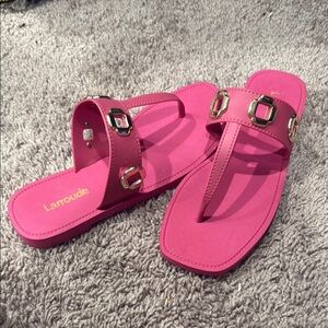 Larroude Pink Thong Sandals with Gold Buckles
